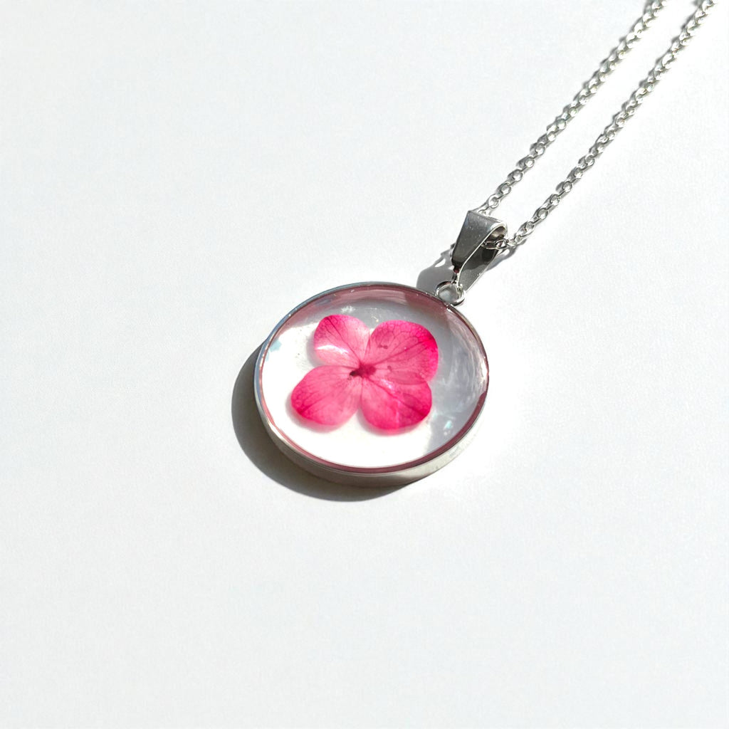 Pink Hibiscus Pressed Floral Necklace - Handcrafted Resin Pendant, Stainless Steel/Silver/Gold Chain - ALETERNE FOREVER JOYFUL