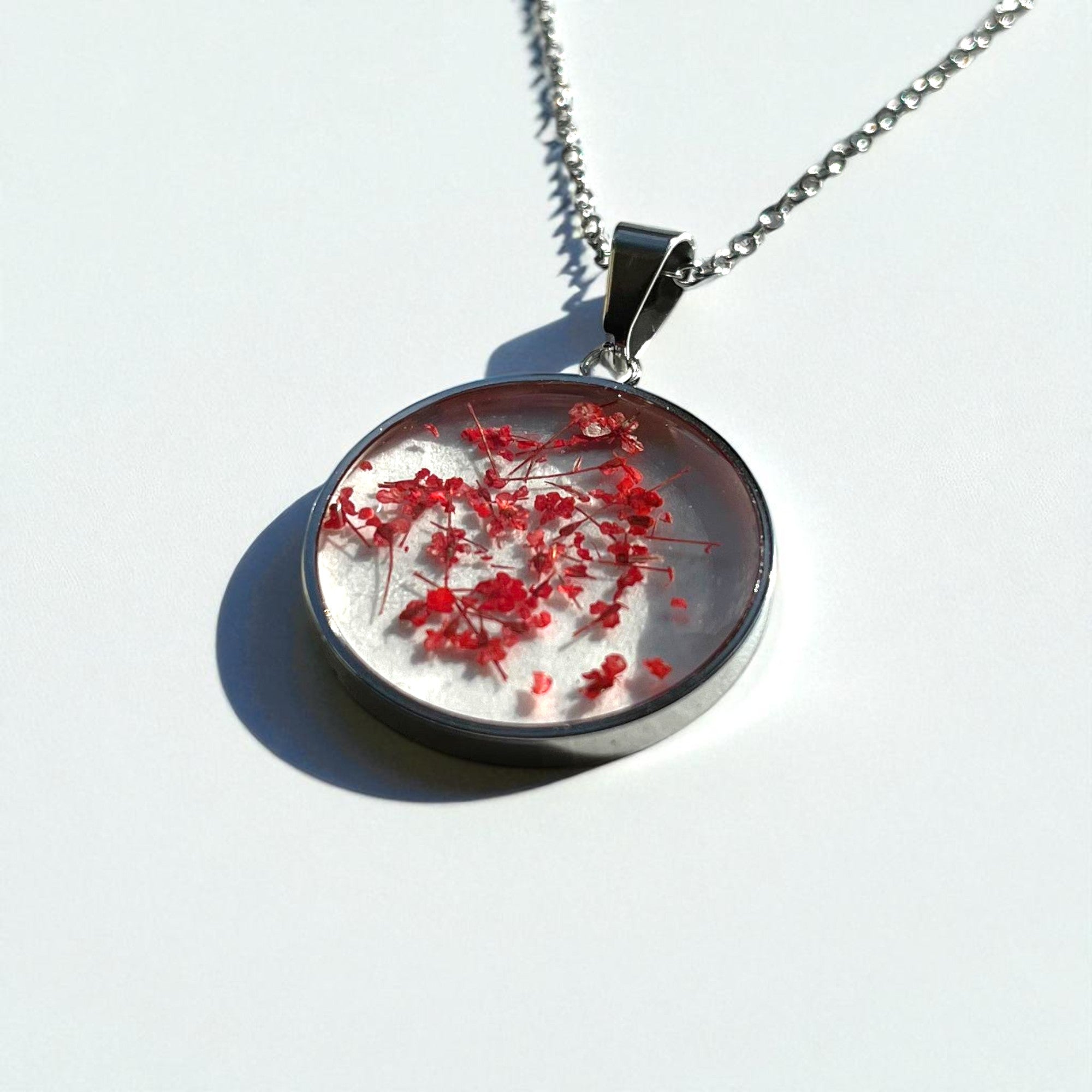Red Poinsettia Pressed Floral Necklace - Handcrafted Resin Pendant, Stainless Steel/Silver/Gold Chain - ALETERNE FOREVER JOYFUL