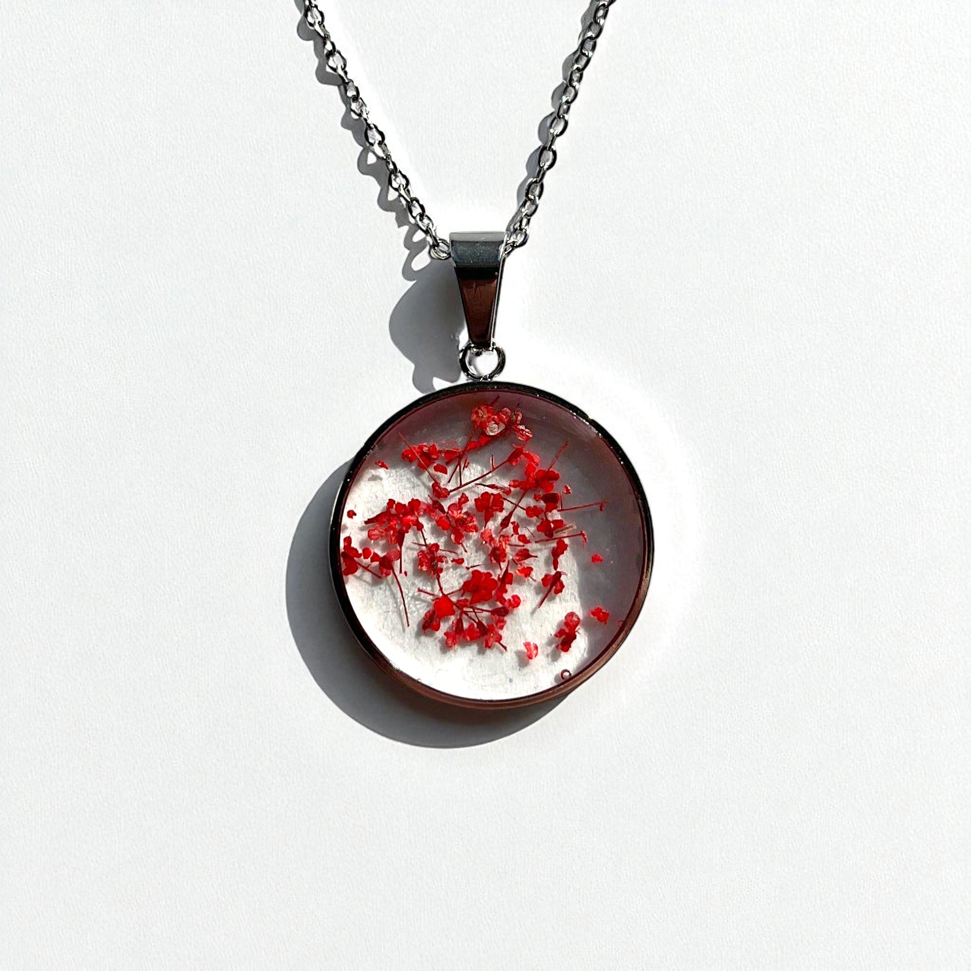 Red Poinsettia Pressed Floral Necklace - Handcrafted Resin Pendant, Stainless Steel/Silver/Gold Chain - ALETERNE FOREVER JOYFUL