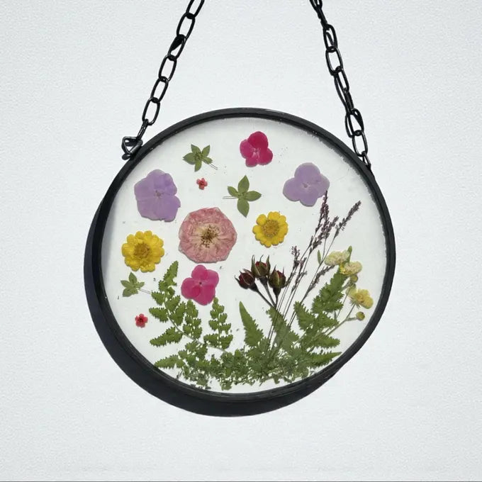Hawaiian Tropical Pressed Flower Wall Hanging Suncatcher - 20cm Vibrant Floral Round - ALETERNE FOREVER JOYFUL