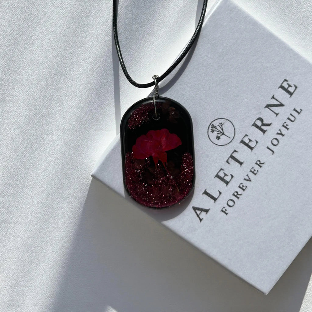 Oval Red Rose Resin Necklace with Glitter Sparkles - Black Background Pressed Floral, Chain or Leather - ALETERNE FOREVER JOYFUL