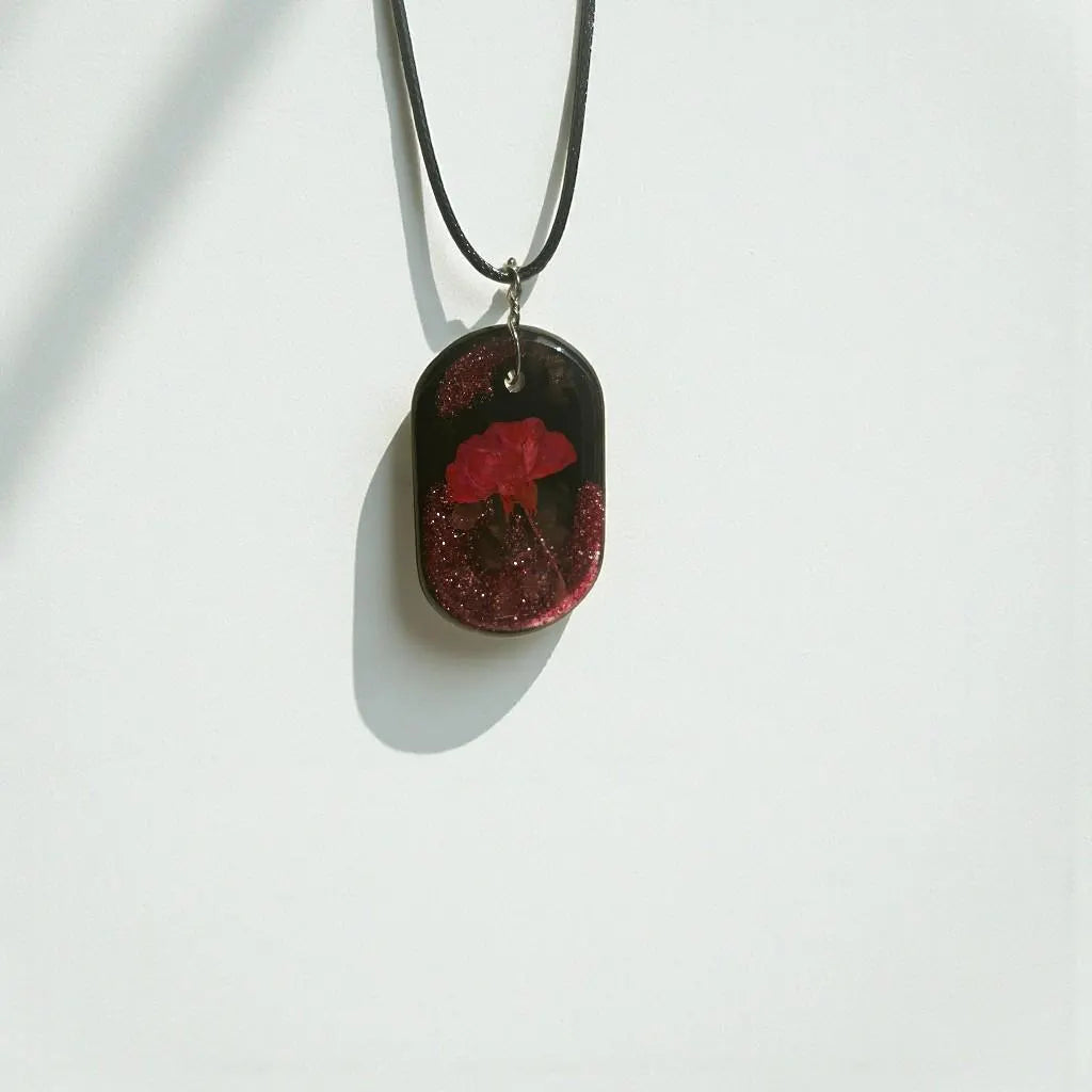 Oval Red Rose Resin Necklace with Glitter Sparkles - Black Background Pressed Floral, Chain or Leather - ALETERNE FOREVER JOYFUL