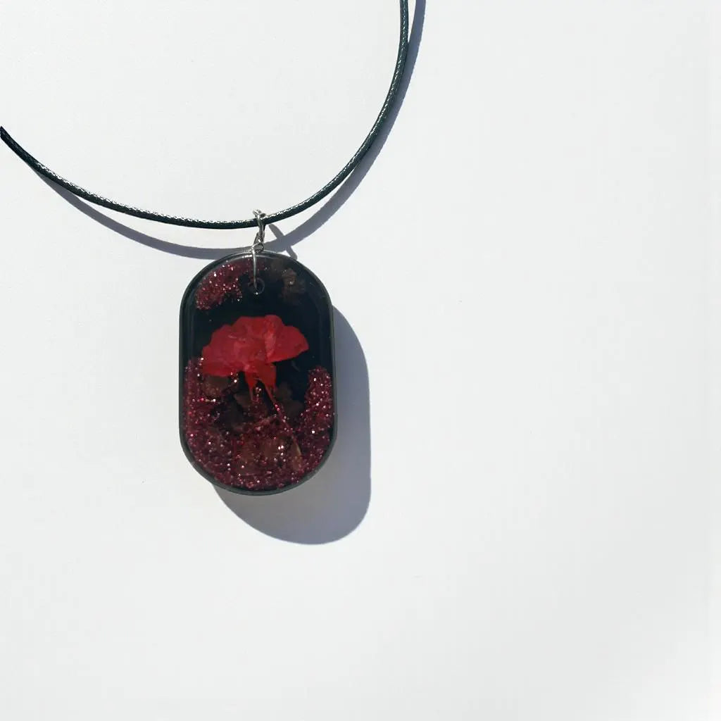 Oval Red Rose Resin Necklace with Glitter Sparkles - Black Background Pressed Floral, Chain or Leather - ALETERNE FOREVER JOYFUL