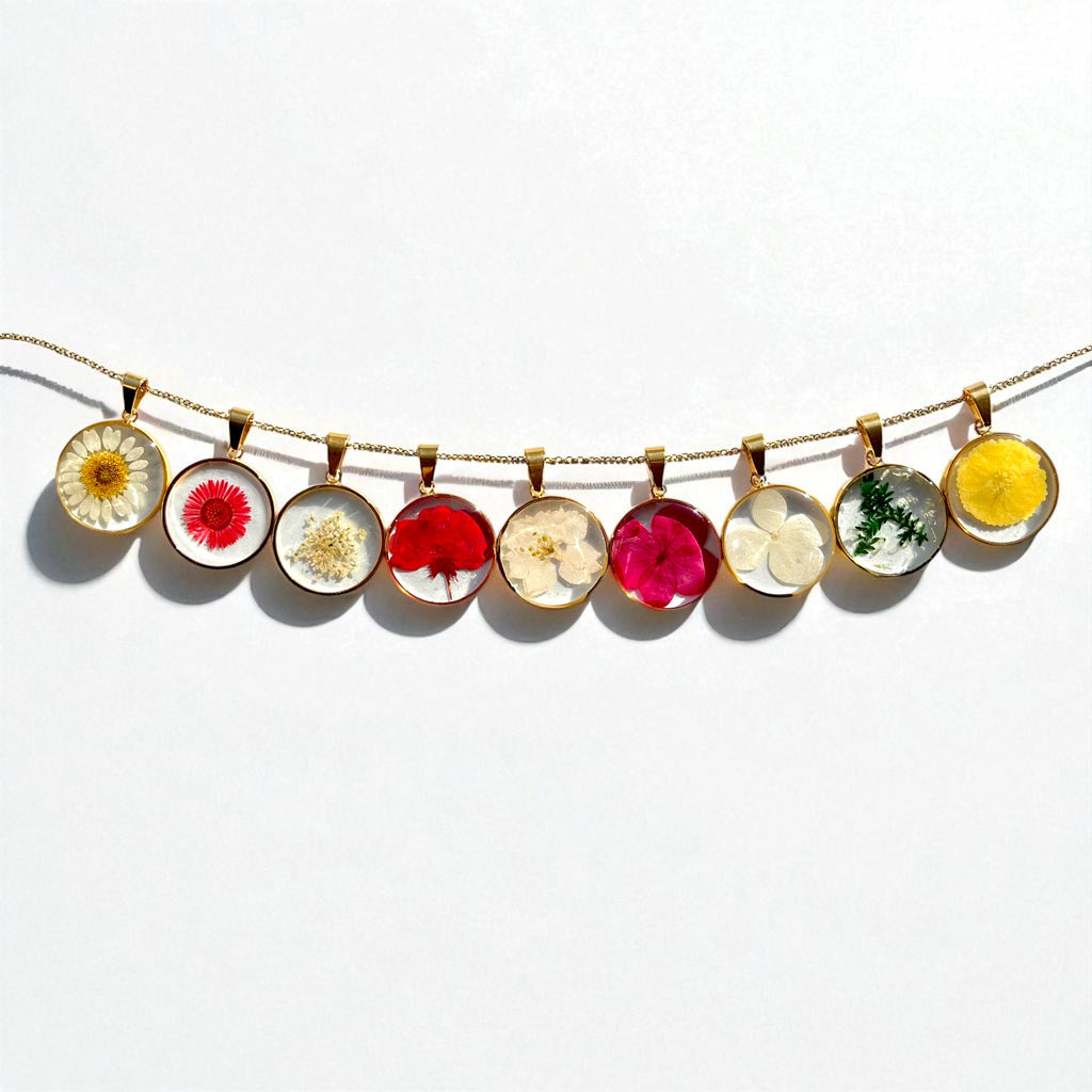 Birth Flower Necklace 12 Variants - Pressed Floral Resin Pendant, Steel/Silver/Gold Chain - ALETERNE FOREVER JOYFUL