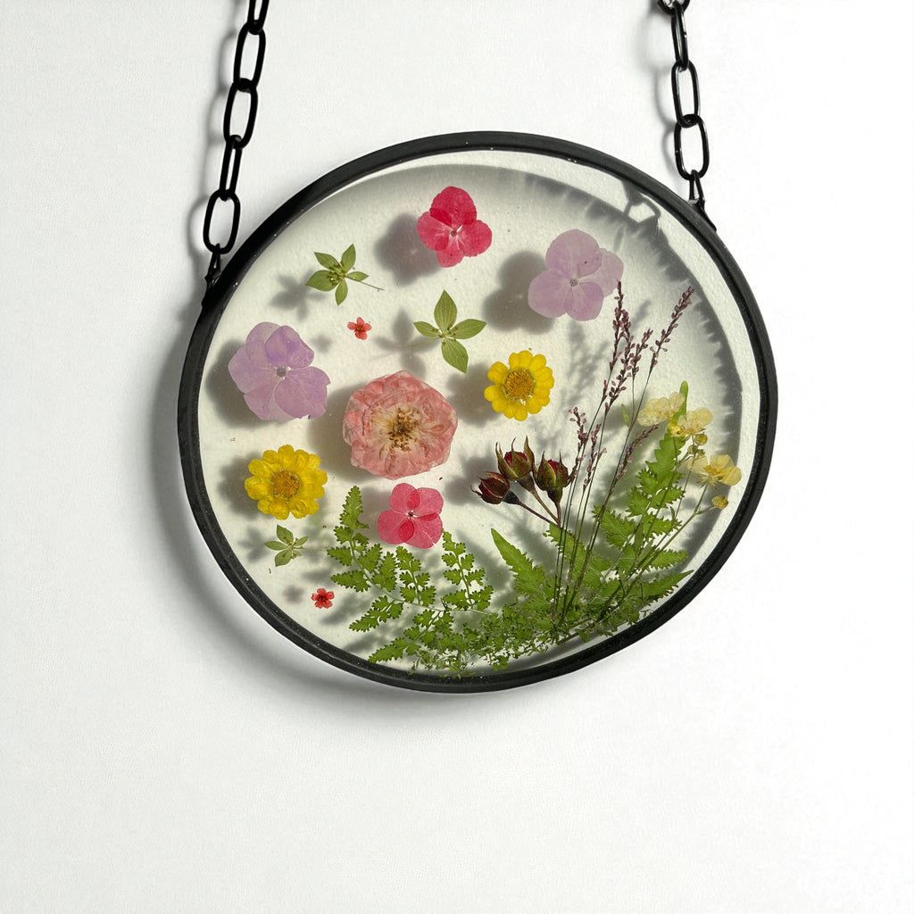 Hawaiian Tropical Pressed Flower Wall Hanging Suncatcher - 20cm Vibrant Floral Round - ALETERNE FOREVER JOYFUL