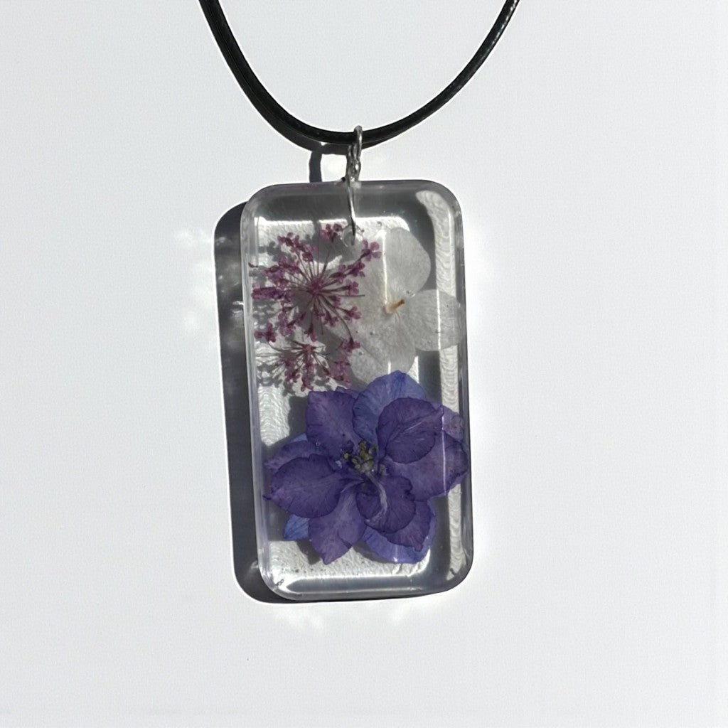Triple Floral Portrait Necklace - 3 Pressed Flowers in Resin Pendant, Chain or Leather - ALETERNE FOREVER JOYFUL