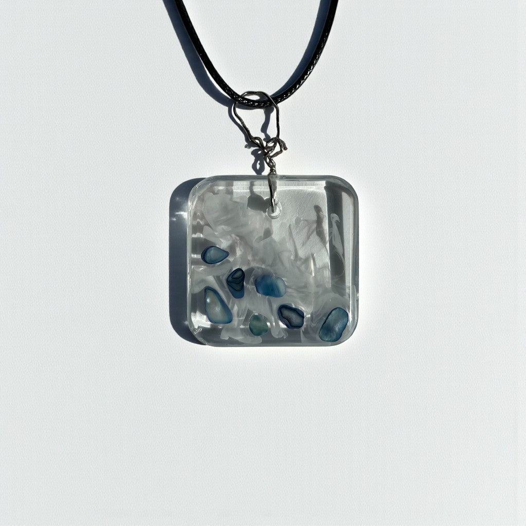 Blue Ocean Waves Square Resin Necklace - Clear Floral Waves with Blue Rocks, Chain or Leather - ALETERNE FOREVER JOYFUL