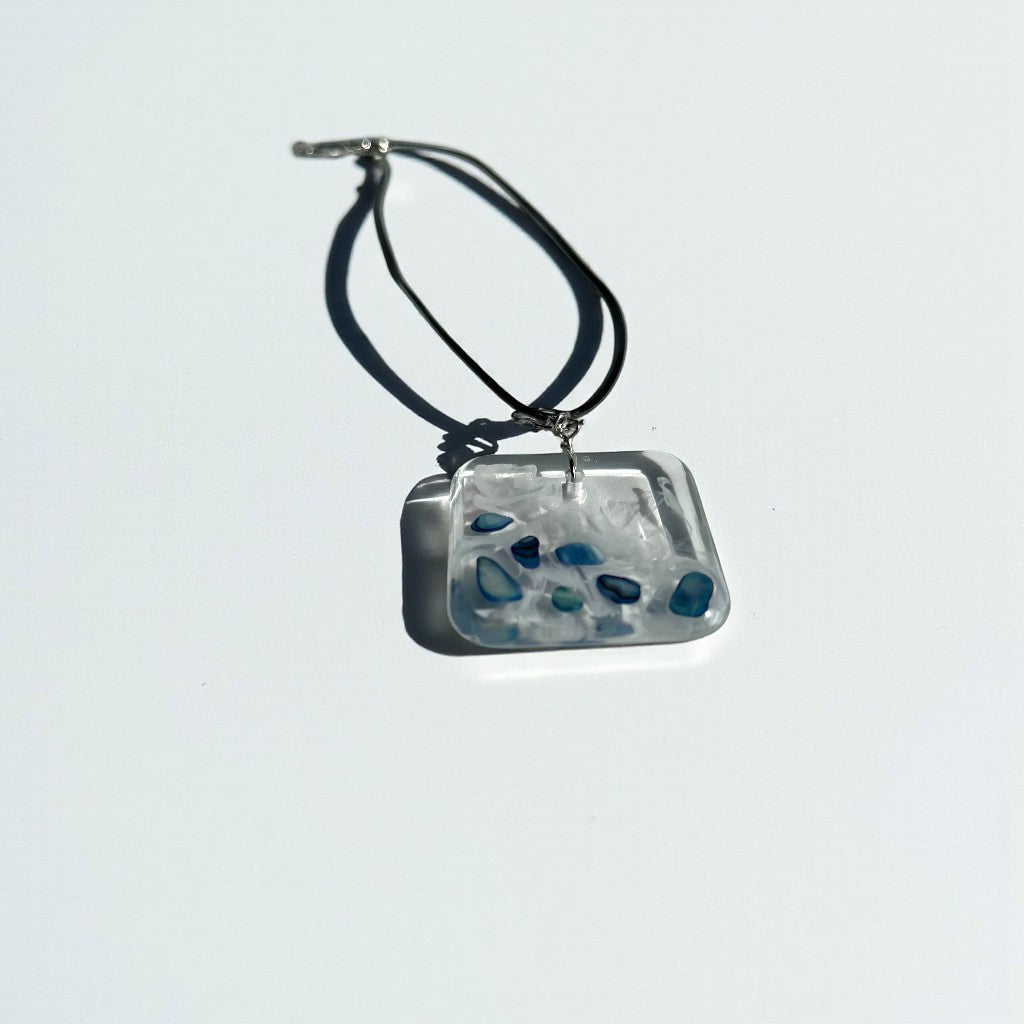 Blue Ocean Waves Square Resin Necklace - Clear Floral Waves with Blue Rocks, Chain or Leather - ALETERNE FOREVER JOYFUL