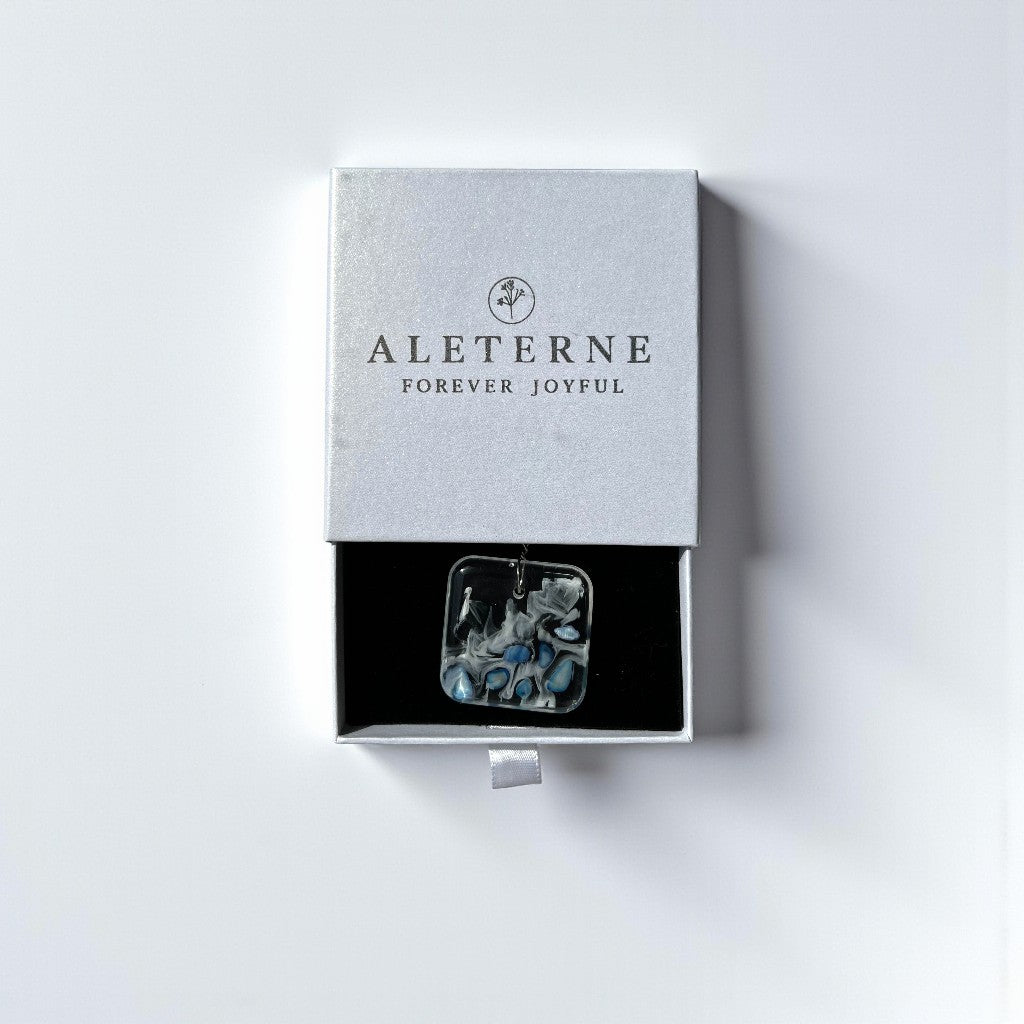 Blue Ocean Waves Square Resin Necklace - Clear Floral Waves with Blue Rocks, Chain or Leather - ALETERNE FOREVER JOYFUL