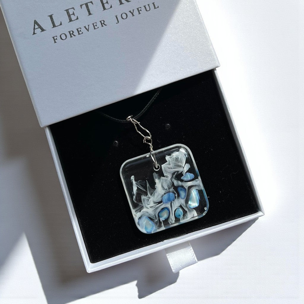 Blue Ocean Waves Square Resin Necklace - Clear Floral Waves with Blue Rocks, Chain or Leather - ALETERNE FOREVER JOYFUL